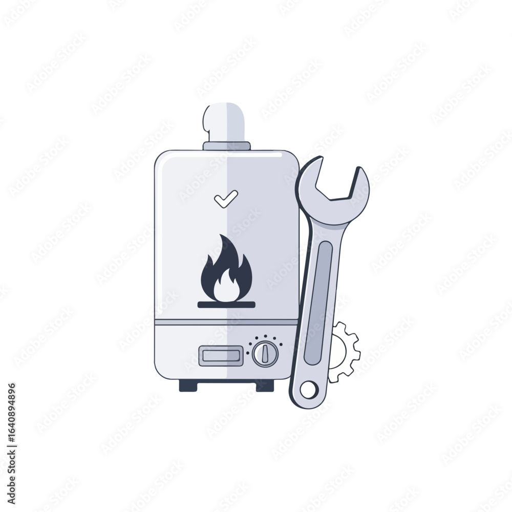 Obraz premium Gas boiler repair with wrench, illustrating domestic plumbing services, repair and maintenance. Gas boiler repair service, home heating system maintenance.