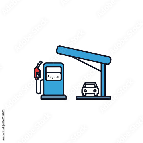Gas station illustration displays pump with Regular and car under canopy, showing service and refueling. Gas station graphic provides simple roadside service with fuel pump and vehicle,