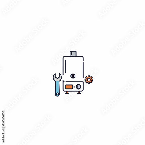 Isolated plumbing service icon with a wrench and gear for plumbing service, it shows water heater. Plumbing service and repair is required due to broken appliances for household use.