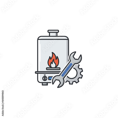 Plumbing repair icon showing boiler, wrench and gear for plumbing services. Plumbing repair symbol depicts equipment components, representing maintenance and installation.