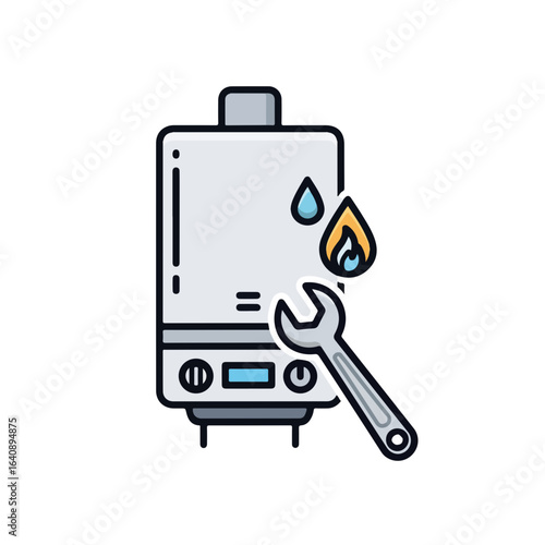Boiler repair, showing wrench on boiler with flame and water droplet, showcases a necessary service. Boiler repair encompasses diagnostics, maintenance, or urgent breakdown assistance.
