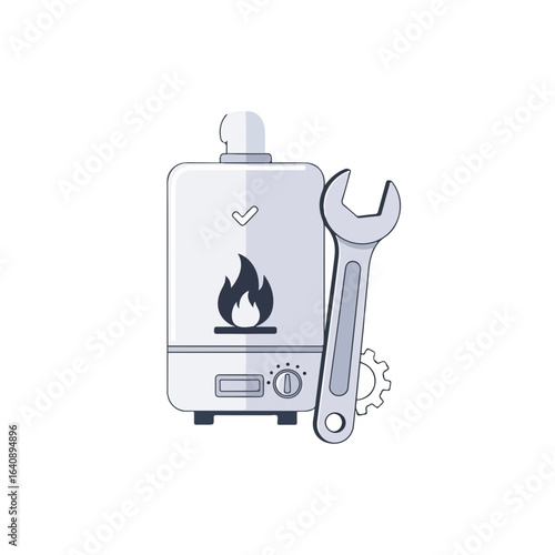 Gas boiler repair with wrench, illustrating domestic plumbing services, repair and maintenance. Gas boiler repair service, home heating system maintenance.