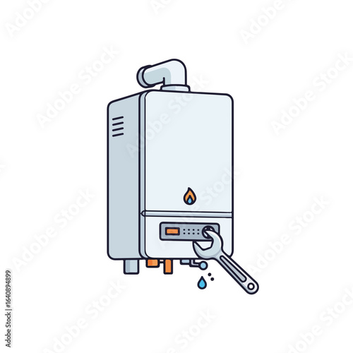 Water heater repair depicted in simple drawing, modern appliance for domestic needs. Water heater is under maintenance, plumber using wrench, some water dripping to the floor.