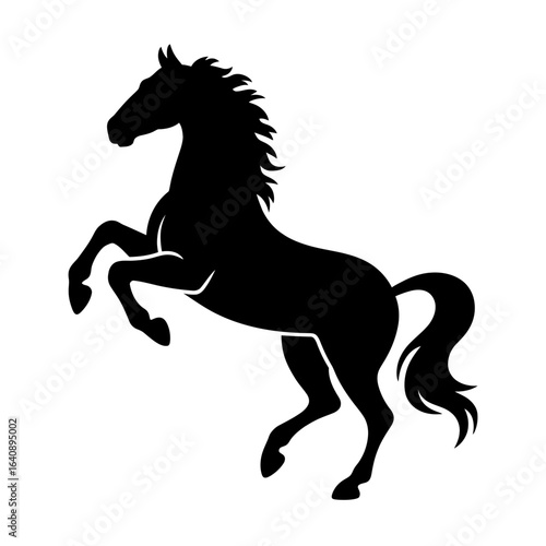 Majestic stallion silhouette rearing up with flowing mane against white background for equestrian art