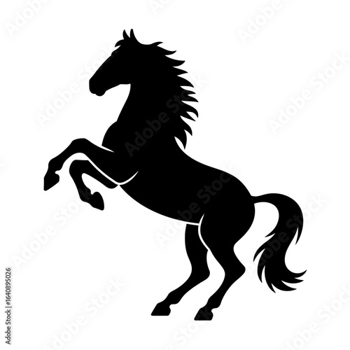 Majestic stallion silhouette rearing up with flowing mane against white background for equestrian art