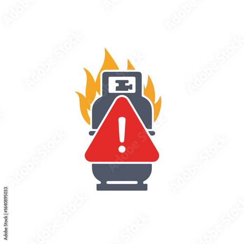 Gas leak danger icon with flames, grey container and red triangle sign alerting about leaking. Gas leak danger represents safety risks and fire hazards, with caution required.
