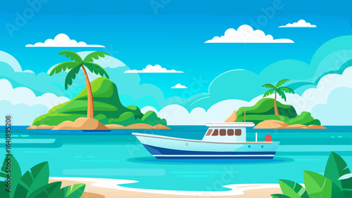 a boat in turquoise ocean water with a backdrop
