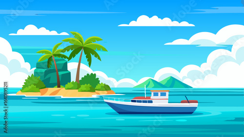 a boat in turquoise ocean water with a backdrop