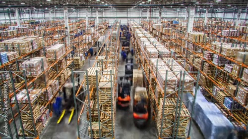 Time-lapse of workers in a busy warehouse preparing goods for dispatch.