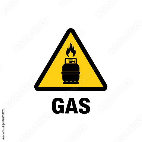 Gas warning sign displays a tank with an open flame inside a yellow triangle. Gas hazard warning symbolizes dangerous materials and potential explosions, gas safety for industrial and public areas.