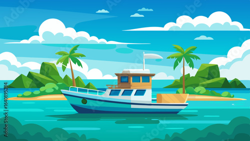a boat in turquoise ocean water with a backdrop