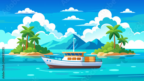 a boat in turquoise ocean water with a backdrop