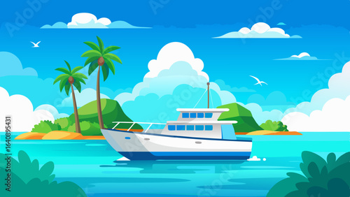 a boat in turquoise ocean water with a backdrop
