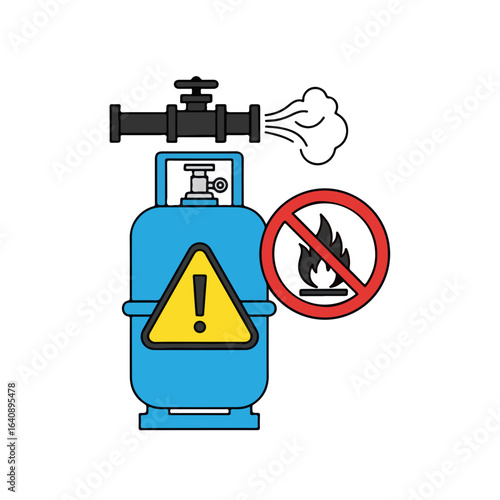 Propane gas leak showing escaping propane. Propane gas leak depicted with a tank, valve, and cloud of escaping vapor,