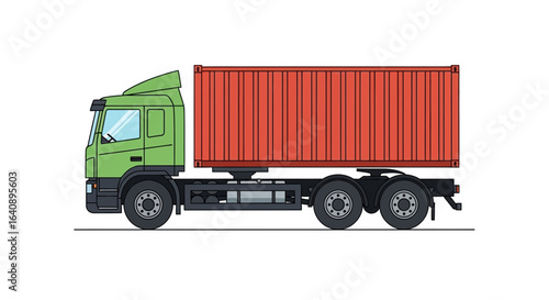 Green SemiTruck Hauling a Red Shipping Container.