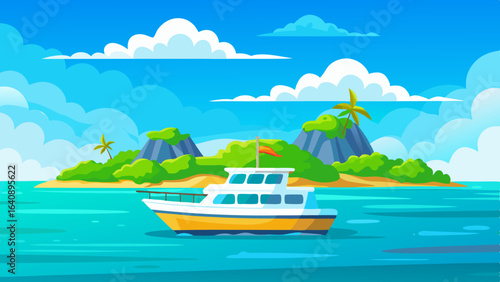 a boat in turquoise ocean water with a backdrop