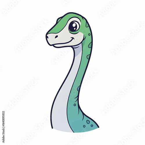 Cute cartoon-style illustration of a long-neck dinosaur with a friendly expression, designed for children’s educational content.