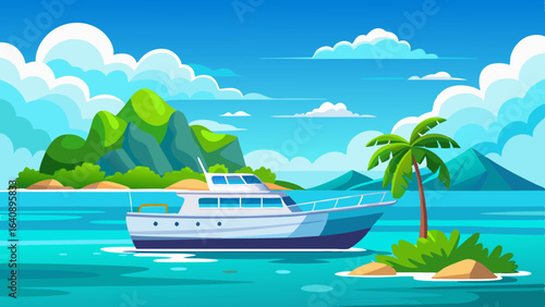  a boat in turquoise ocean water with a backdrop