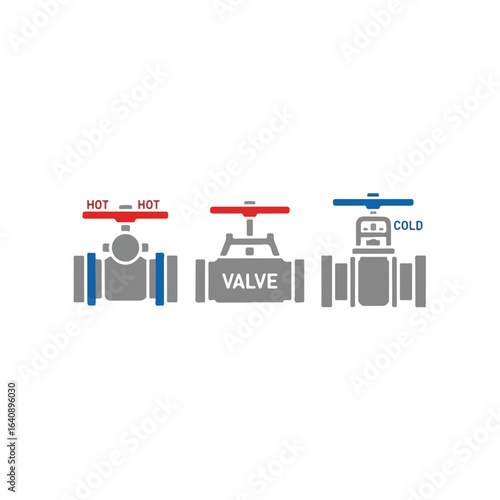 Illustrative water valve icon showing hot and cold, featuring a set of three different valve designs for water pipe systems. Water valve icon usage is crucial for plumbers and contractors,