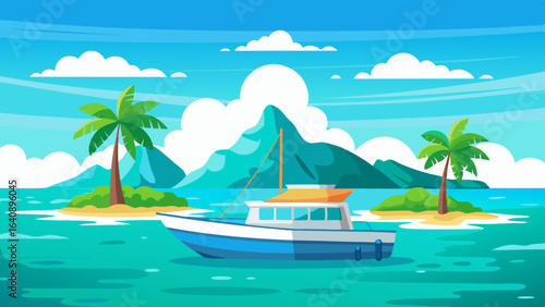  a boat in turquoise ocean water with a backdrop