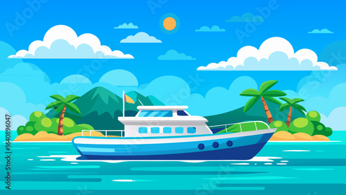 a boat in turquoise ocean water with a backdrop
