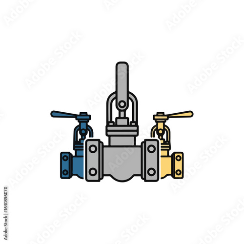Industrial valve system with three control valves and pipes. This industrial valve system features three separate control valves connected to main pipe.