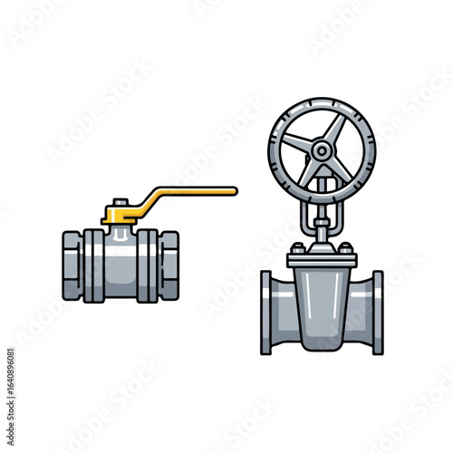 Two valves depicted in technical drawing on white. Valves appear with handle and wheel, for plumbing and fluid control. Image represents plumbing components and fittings in engineering,
