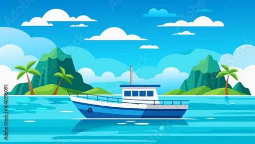  a boat in turquoise ocean water with a backdrop