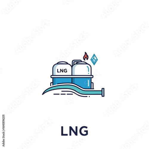 LNG industry production illustration showcases LNG with tank and wave depiction, highlighting LNG gas production process. Illustration of LNG power as industrial fuel,