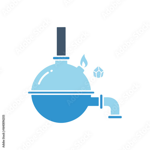 Alchemical apparatus, featuring round bottom flask with fire, symbolizes chemical process. Alchemical apparatus, with condenser and connecting pipe,