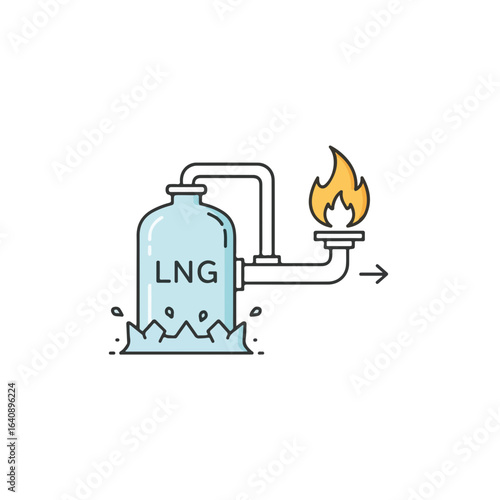 LNG facility depicted with liquid and flame for natural gas production and industrial use. LNG facility concept illustrates industrial resources, fossil fuels, and fuel production,