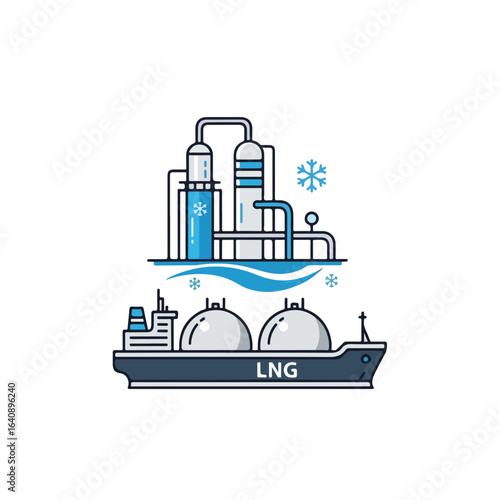 LNG carrier with gas processing plant for energy production and transportation. LNG carrier delivers product safely from processing facility. Blue LNG carrier ideal for energy and industrial concepts.