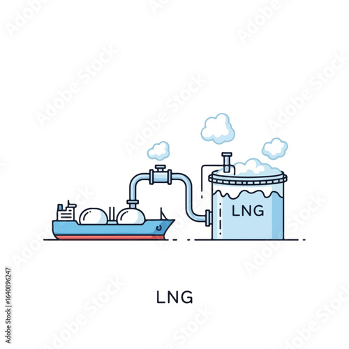 Liquefied natural gas transportation with industrial ship and storage tank. Liquefied natural gas is crucial resource, so process is handled with special care.