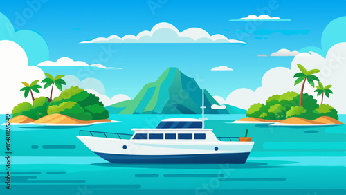  a boat in turquoise ocean water with a backdrop