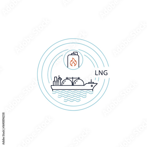 LNG carrier illustration with tanker ship icon and water waves, a Liquefied Natural Gas transportation concept. LNG carrier illustration shows liquid gas containers and safety flame icon,