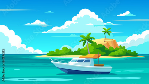  a boat in turquoise ocean water with a backdrop