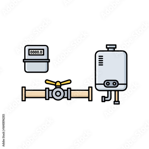 Clean illustration plumbing system with pipe and valve, alongside meter and water heater. Plumbing system ensures efficient water distribution and temperature control.