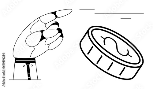 Hand flicking a coin with speed lines symbolizes decision-making, chance, and financial actions. Ideal for finance, risk, investment, gaming, economics strategy choice-making. Simple flat metaphor