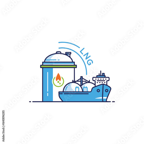 LNG illustration with container ship and gas storage tank, a simple line drawing. LNG transportation includes gas storage facilities and sea freight.