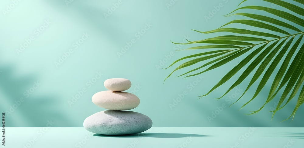 Stacked zen stones with palm leaf shadow Stacked zen stones with palm leaf shadow