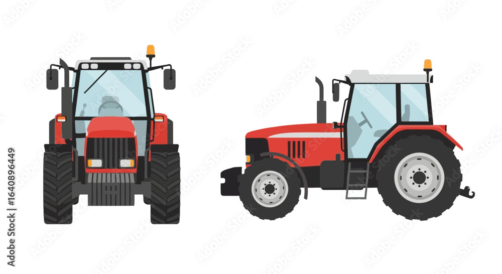 Naklejka premium Red Agricultural Tractor Front and Side Views.