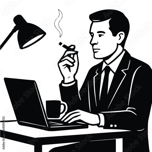 Man in suit smoking cigar while working on laptop at desk with lamp isolated on white background