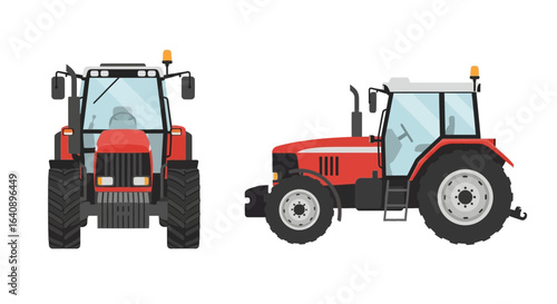 Red Agricultural Tractor Front and Side Views.
