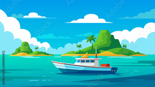  a boat in turquoise ocean water with a backdrop