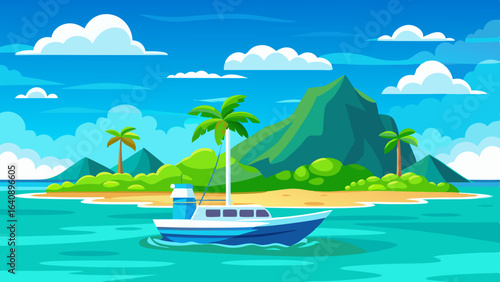  a boat in turquoise ocean water with a backdrop