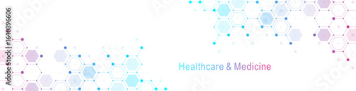 Modern health care or medical background design. Health care innovation concept. Horizontal header web banner. Abstract geometric background with hexagon shapes for medicine, science, chemistry.