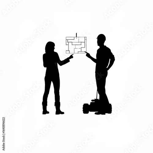 Male and female mechatronics specialists collaborating silhouette isolated on white background