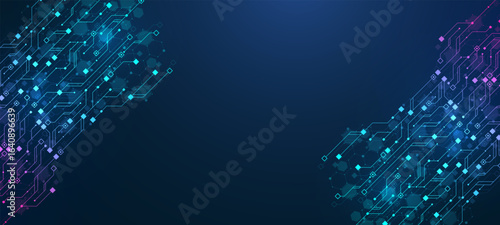 Modern technology circuit board texture background design. Quantum computer technologies concepts, large data processing. Futuristic blue circuit board background. Minimal vector motherboard