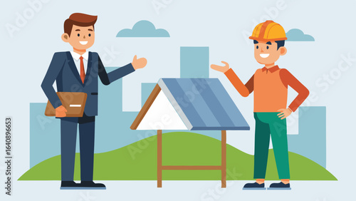 a businessman and roofer are facing forward giving