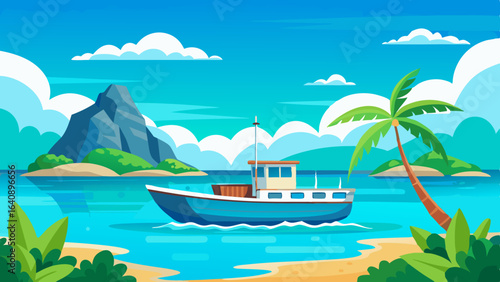  a boat in turquoise ocean water with a backdrop